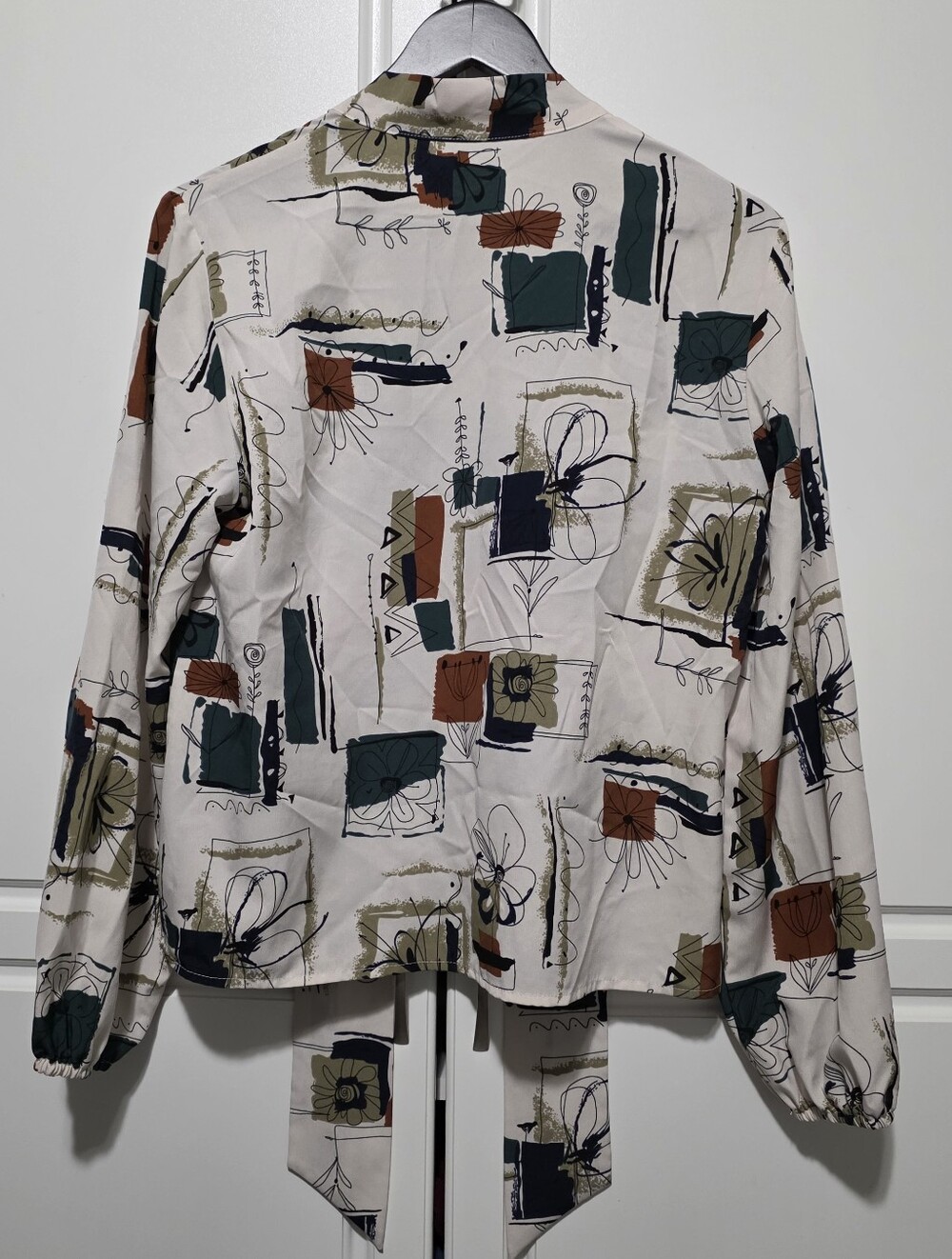 SHEIN Womens Ivory Abstract Geometric Artsy Sketch Print Tie Neck Longsleeve Top - Picture 13 of 16